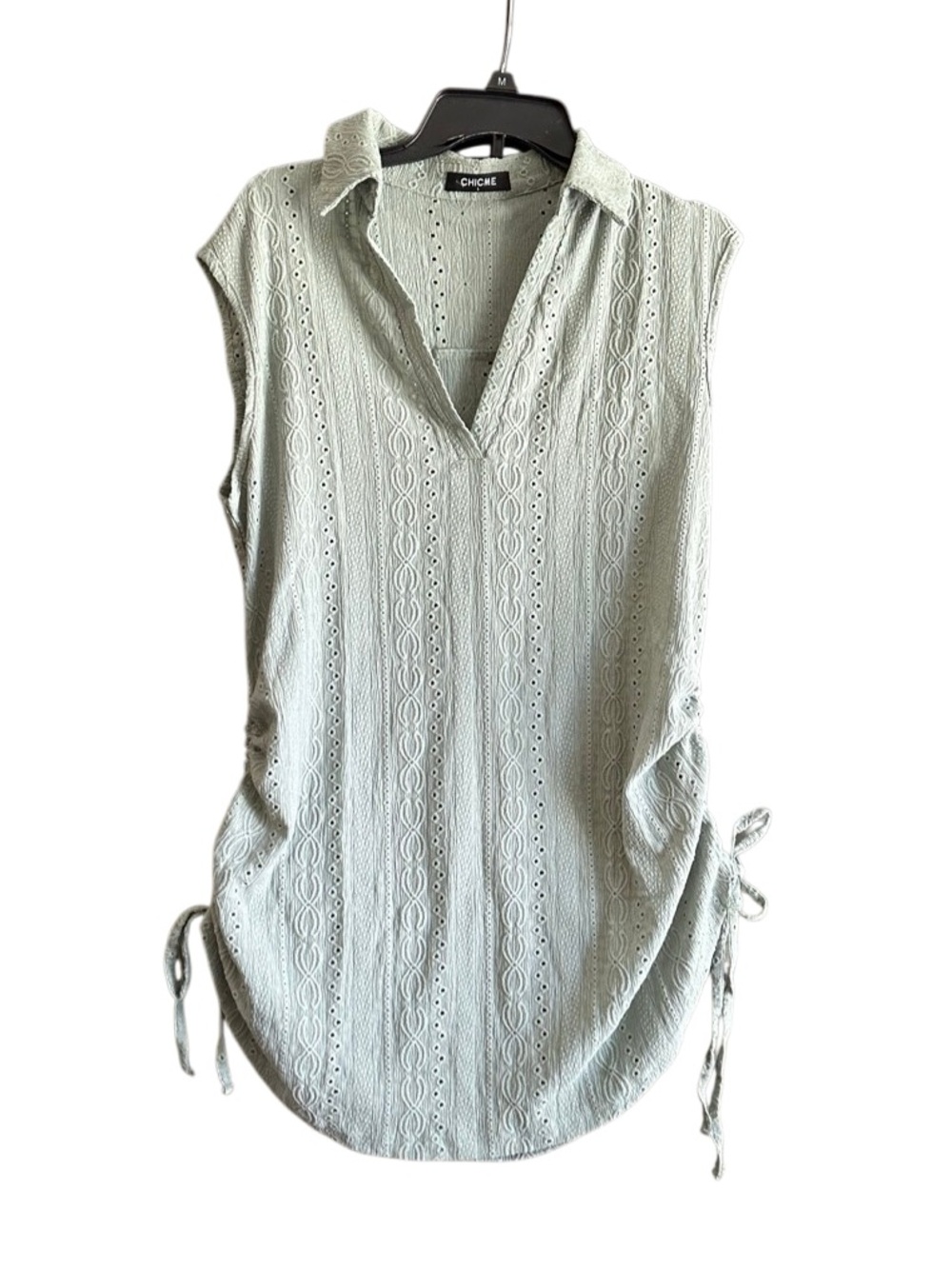 Chicme Light Sage Eyelet Sleeveless Tunic with Side Ties. Size Large.